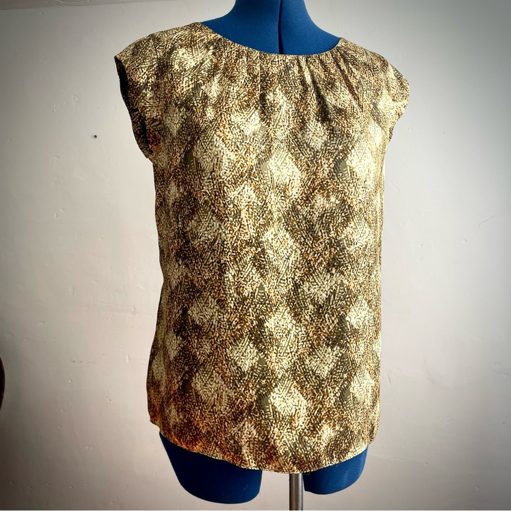 Jones New York Gold and Brown Silk Shell with Cap Sleeves